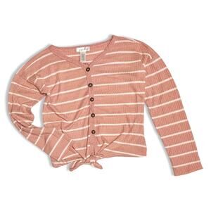 Tilly’s White Fawn Pink Waffle Knit Cropped Cardigan Junior L Tie Front